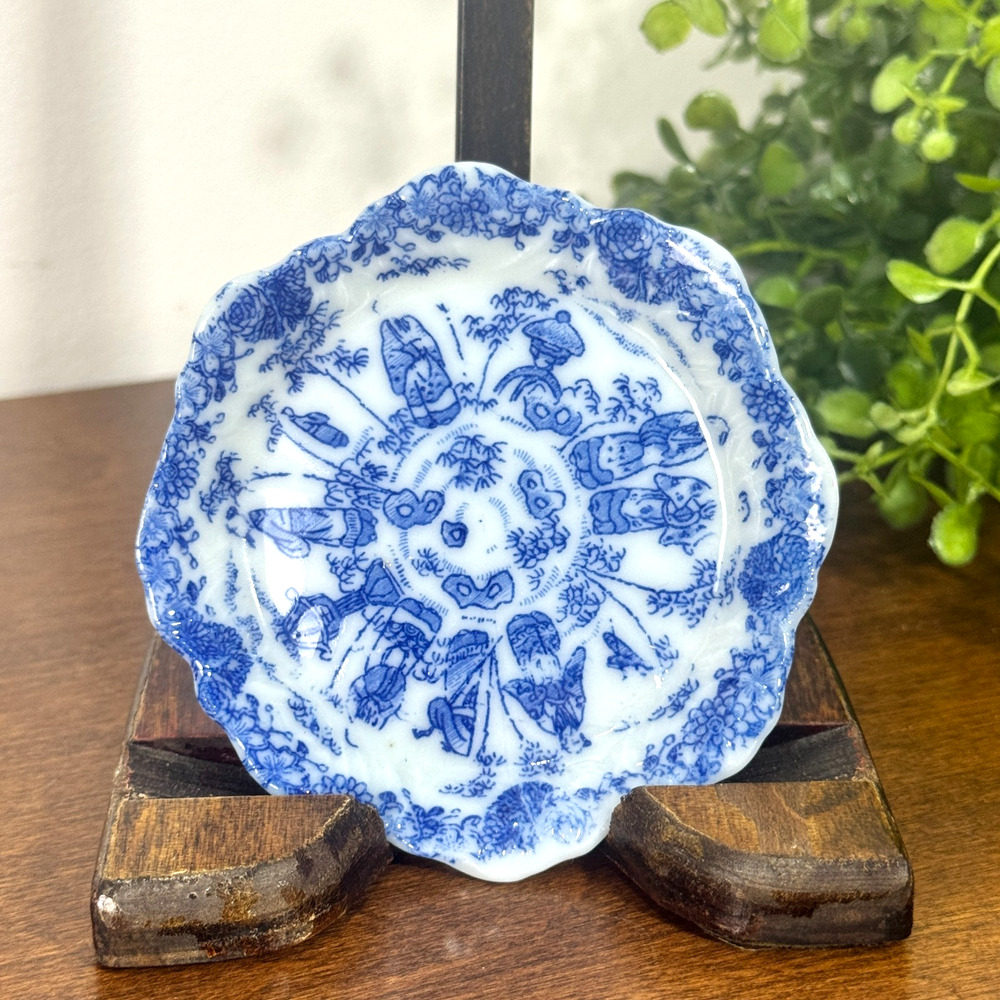 Antique Blue Transferware Butter Pat Dish Asian Curiosities Scalloped 3" R75